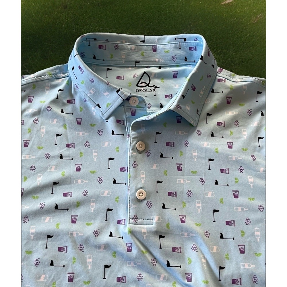 Deolax Polo‎ Shirt Men's Large Blue Stretch Wine Bottle Drinks All-Over Print